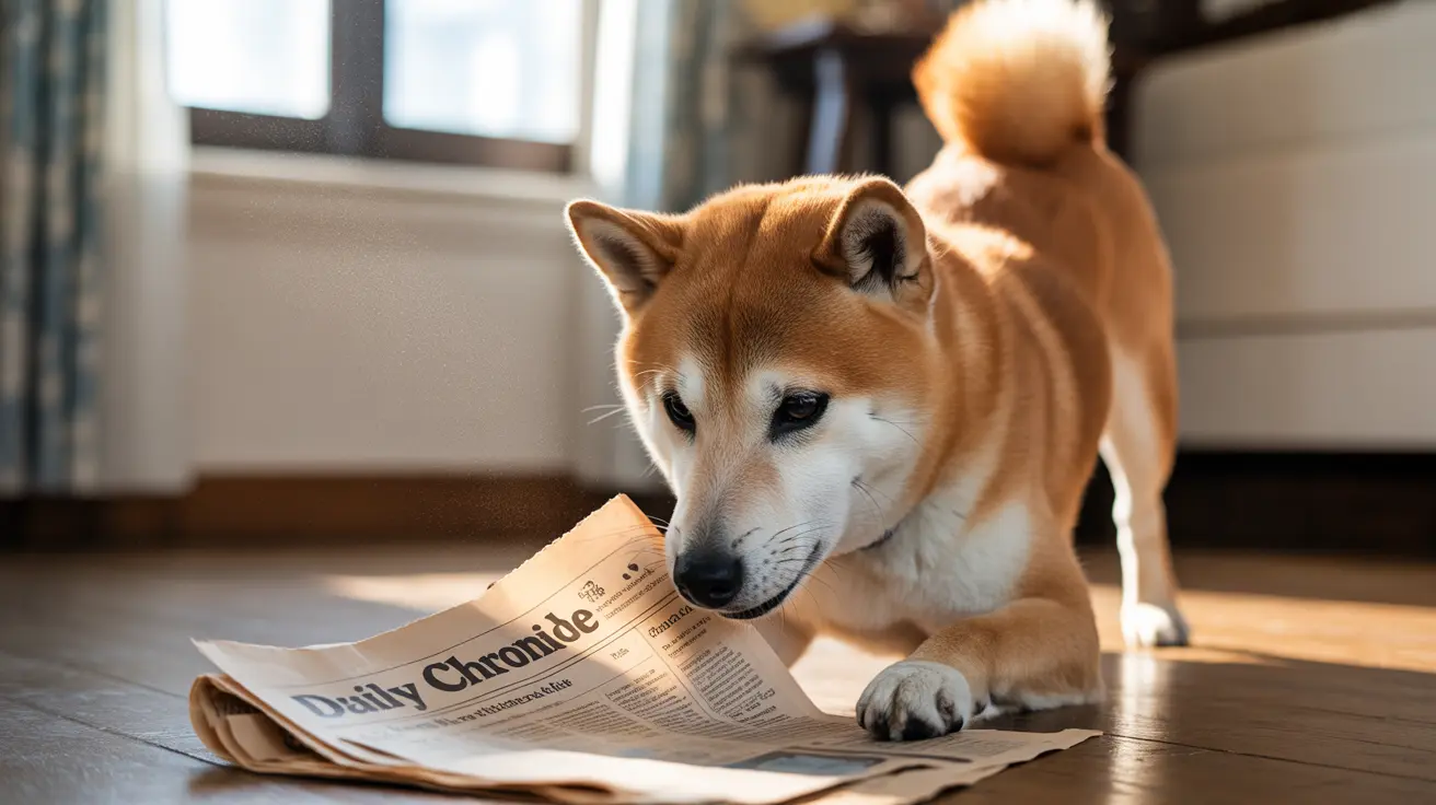 Shiba Inu dog on wooden floor near window looking at a newspaper