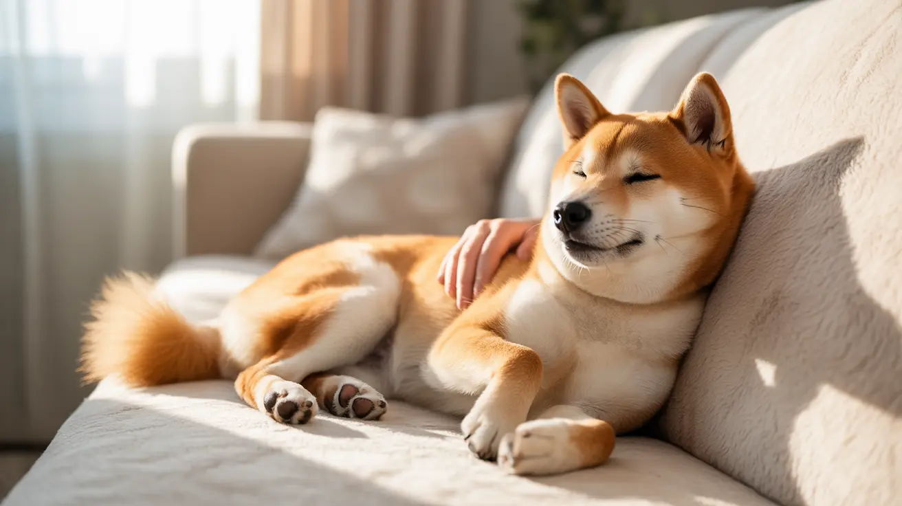 A content Shiba Inu dog relaxing on a light-colored couch, with a hand gently petting its side.