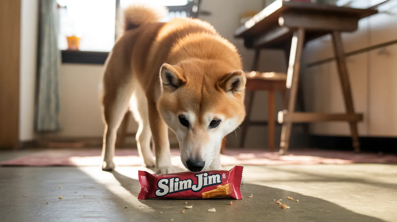 A Shiba Inu dog investigating a Slim Jim snack on the floor