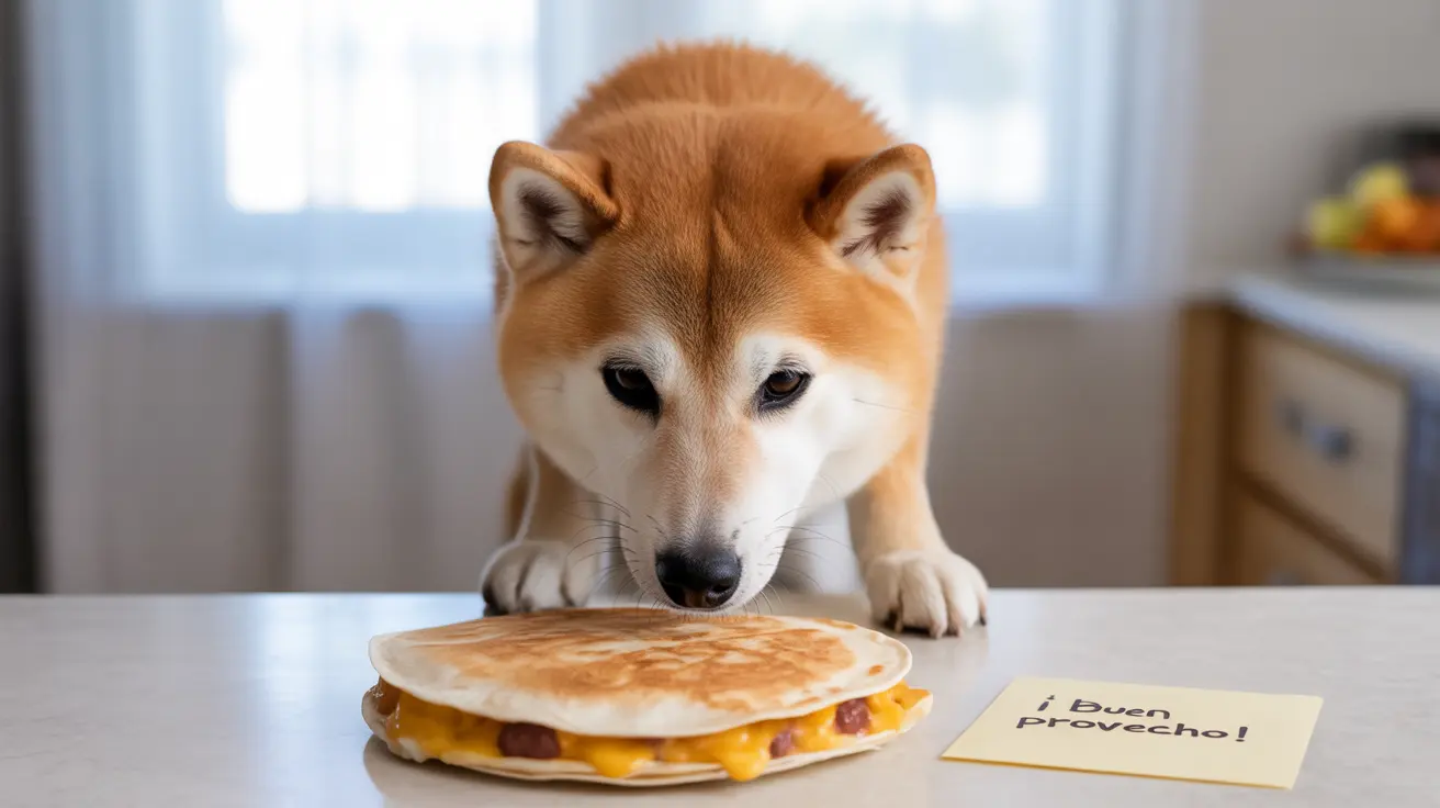 Un perro Shiba Inu observa atentamente una quesadilla de queso que está sobre una mesa.