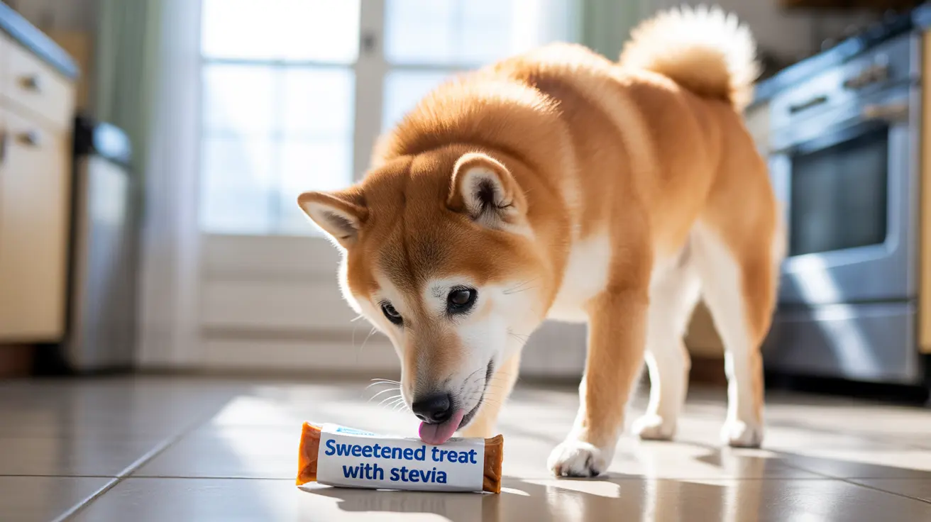 A Shiba Inu dog investigating a stevia-sweetened treat on a kitchen floor