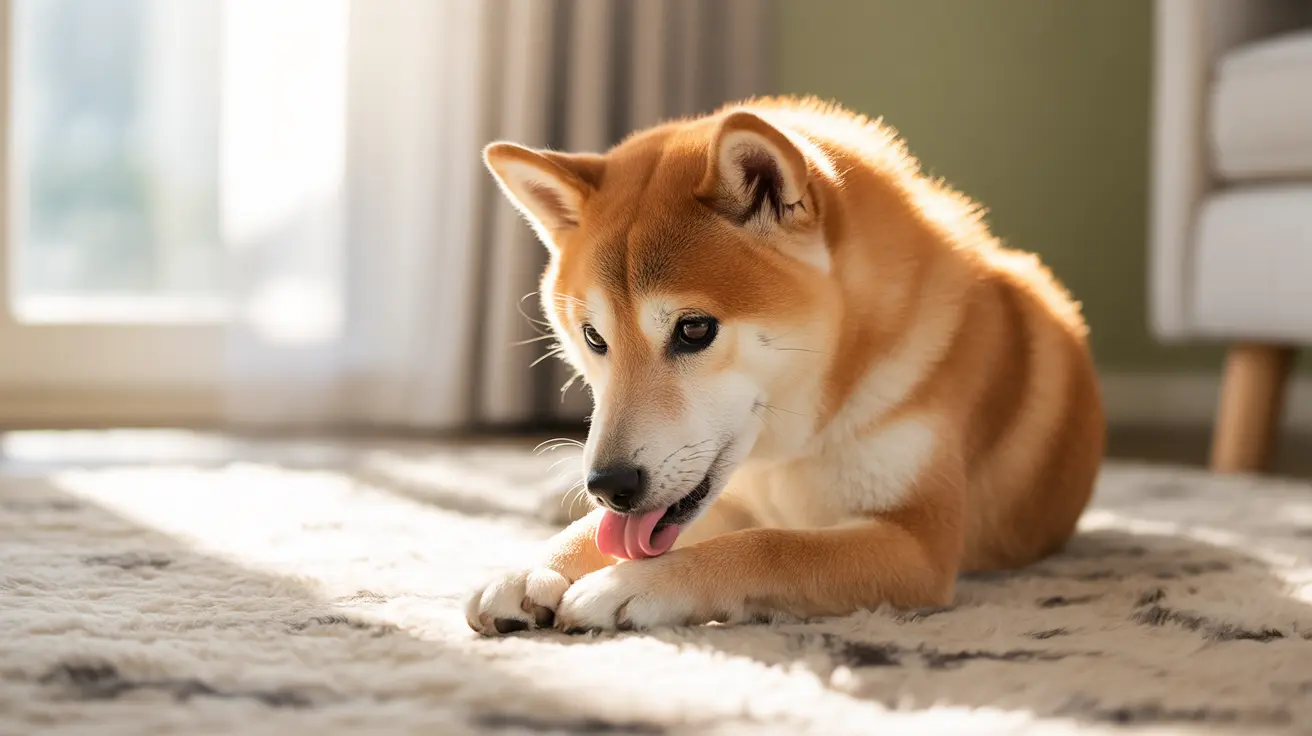 A golden-orange Shiba Inu dog sitting on a textured carpet, bathed in soft sunlight from a nearby window.