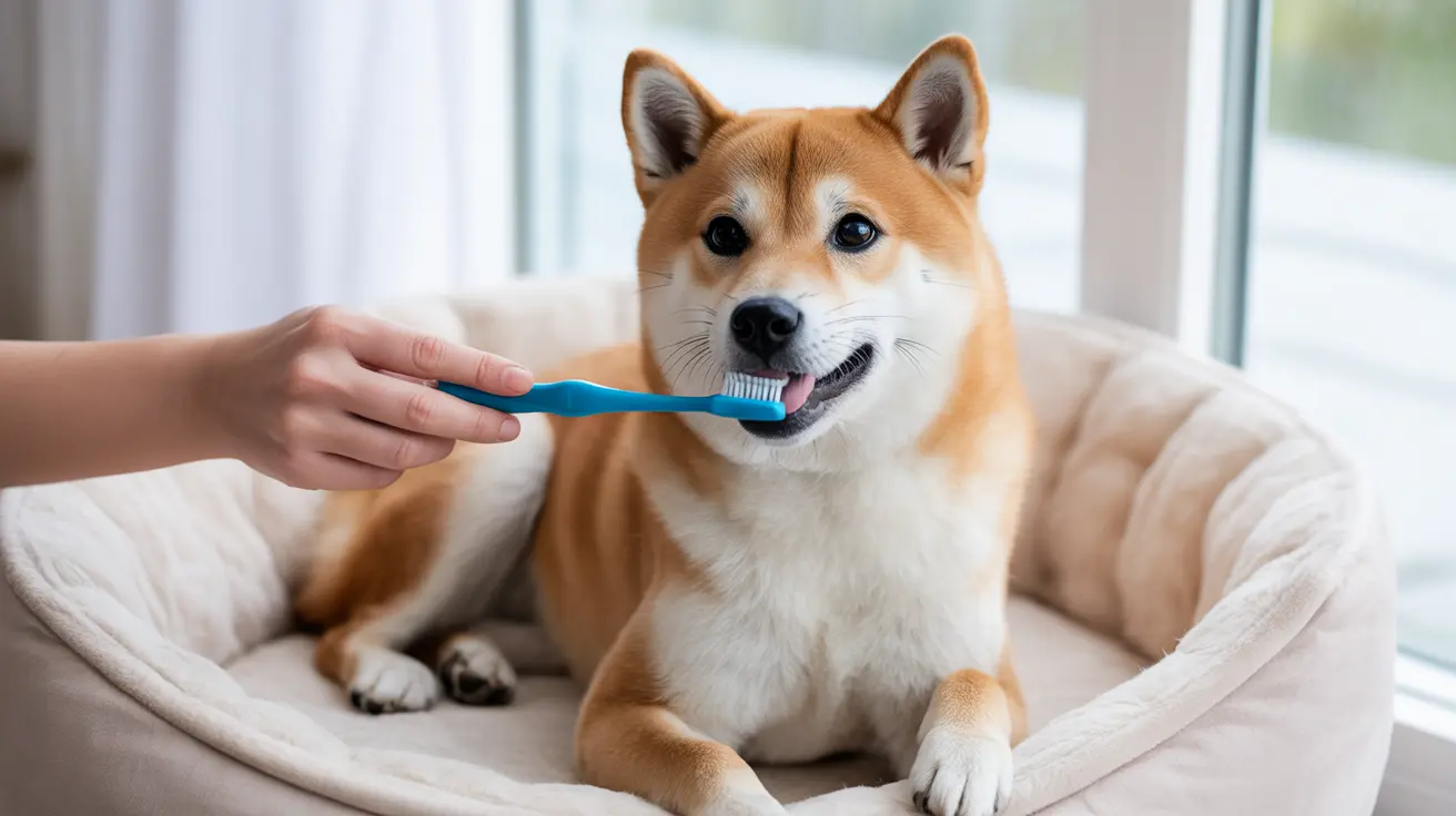 A Shiba Inu dog having its teeth brushed with a blue toothbrush