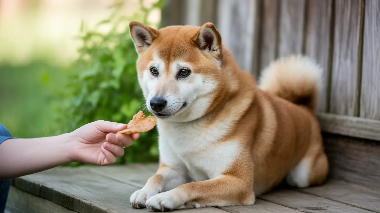 A Shiba Inu dog being offered a treat by a human hand