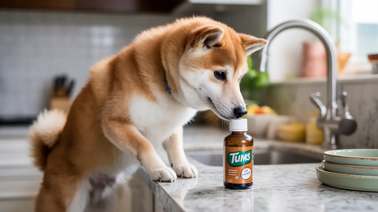 A curious Shiba Inu dog examining a bottle of Tums antacid medication on a kitchen counter