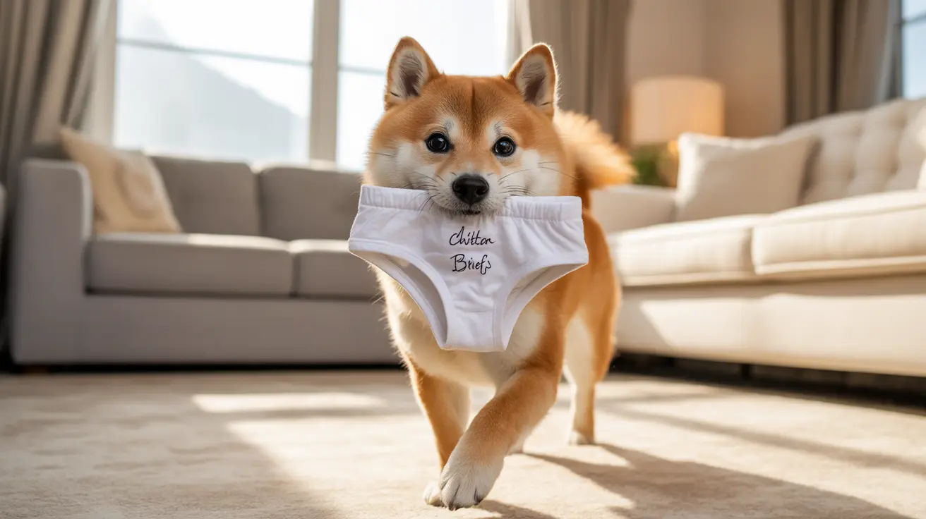 Playful Shiba Inu dog wearing white underwear with 'Chitan Briefs' printed on it