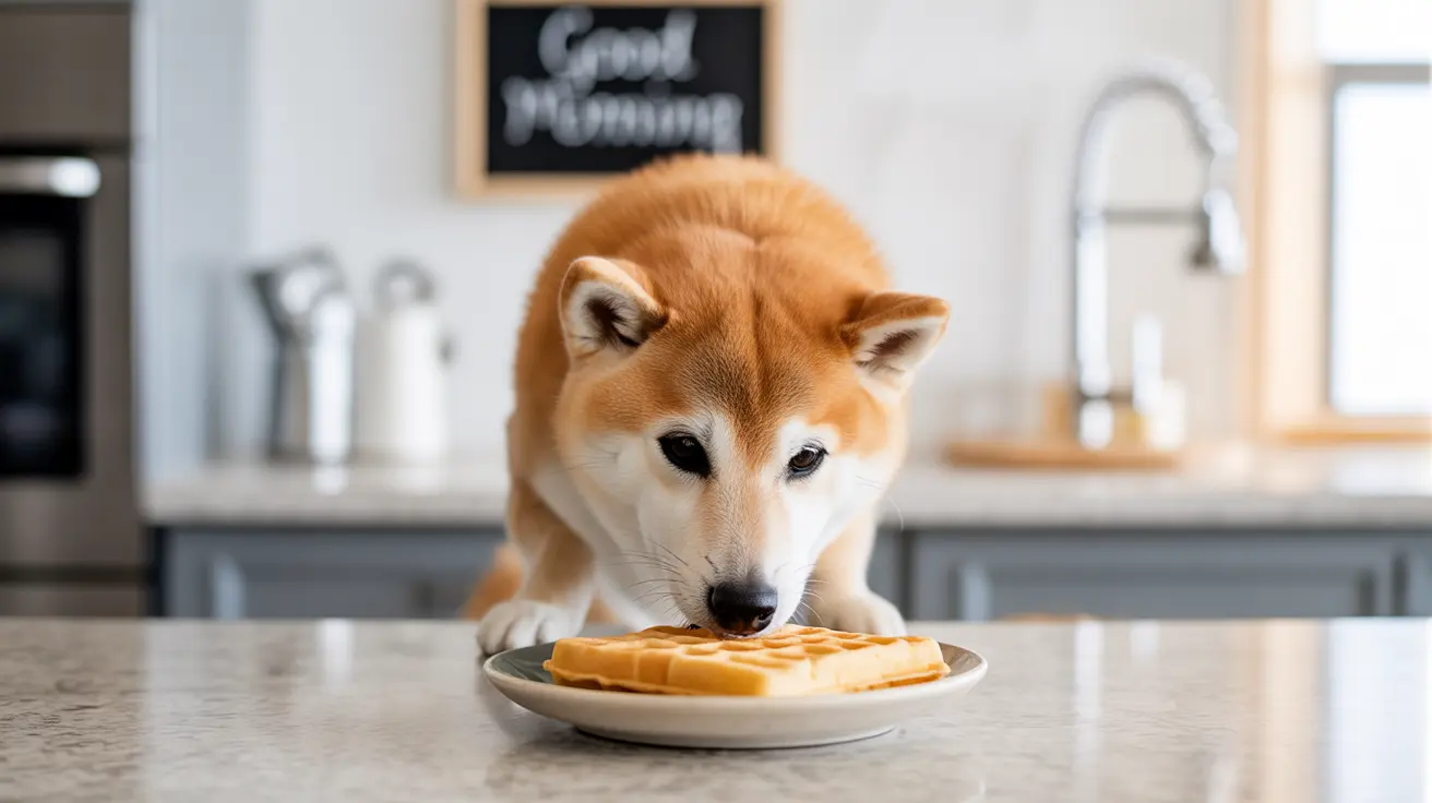 A Shiba Inu dog curiously examining a plate of waffles on a kitchen counter