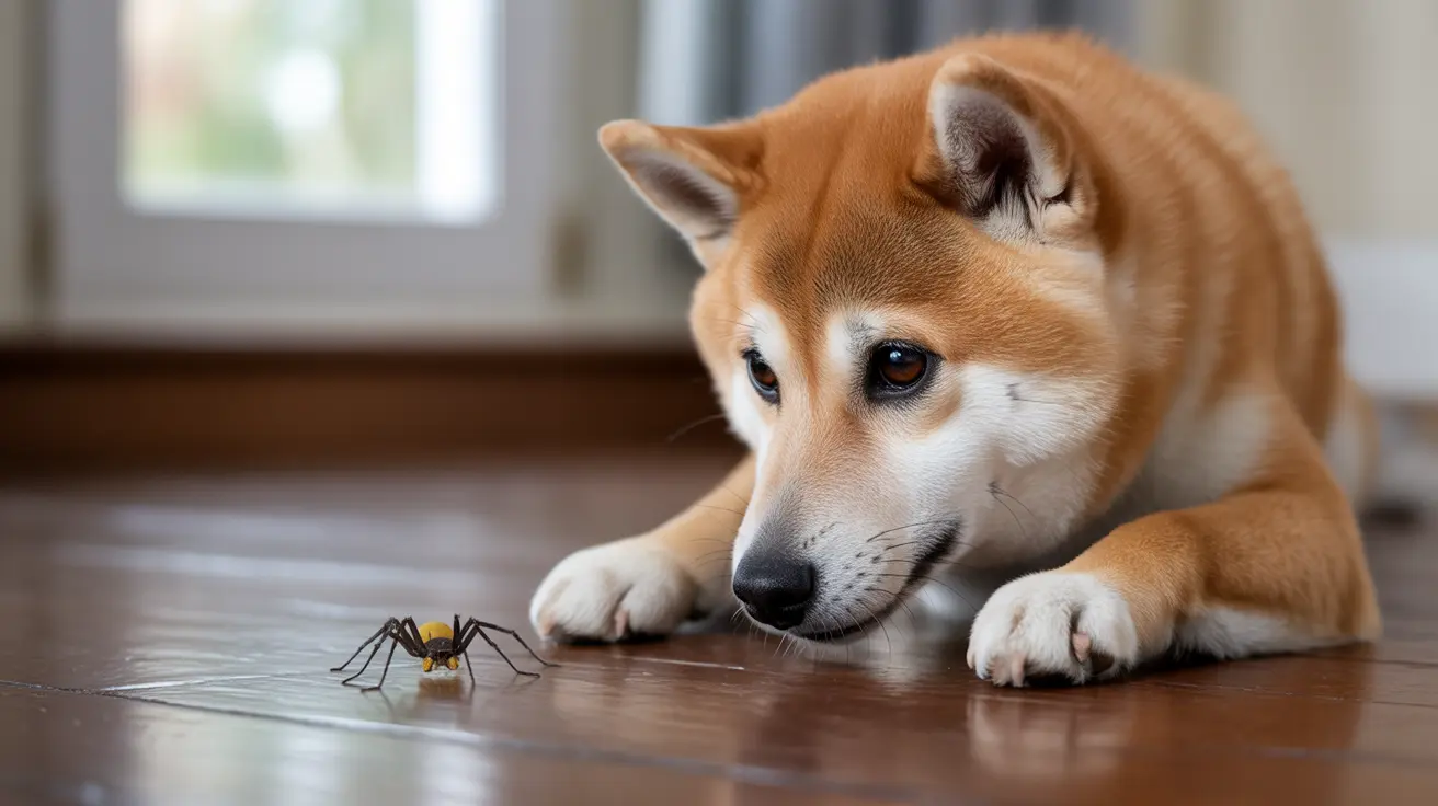 A Shiba Inu dog intently watching a large spider on a wooden floor near a window
