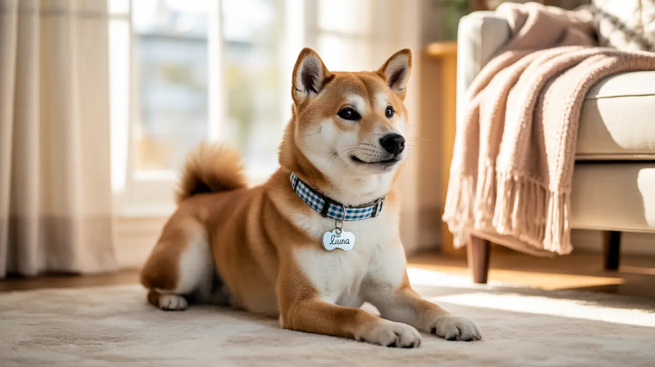 Shiba Inu dog sitting on a carpet near a window wearing a blue and white checkered collar with a name tag