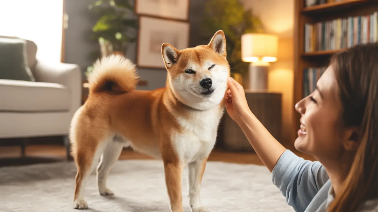 A Shiba Inu standing comfortably in a cozy living room while being gently petted by a person