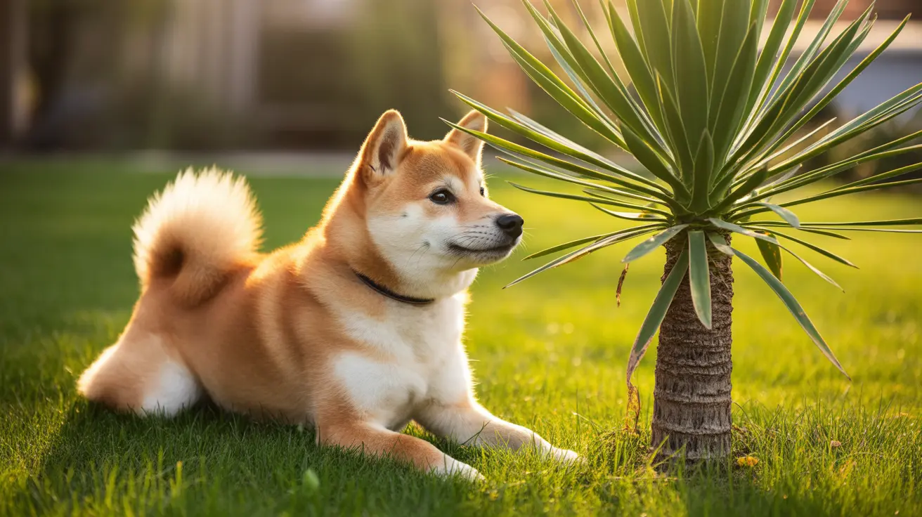 A Shiba Inu dog sitting calmly on a lush green lawn next to a small palm-like plant.