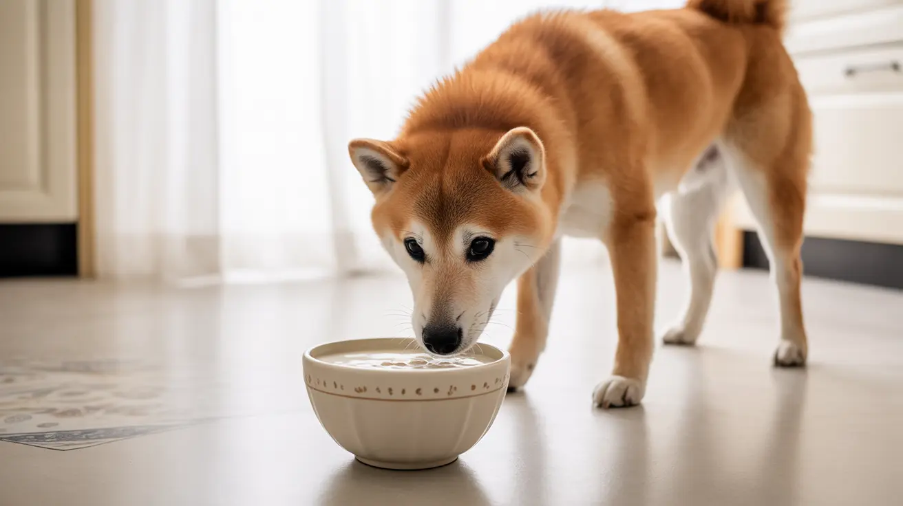 A Shiba Inu dog drinking water from a white ceramic bowl in a bright, minimalist interior setting