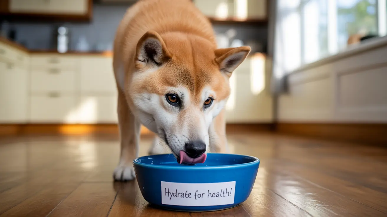 A cream and white Shiba Inu drinking water from a blue bowl with a 'Hydrate for health!' label