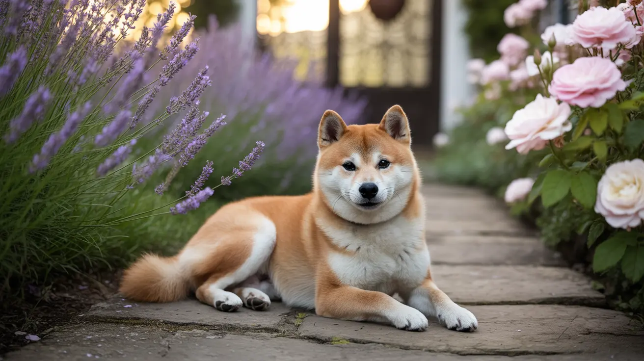 A Shiba Inu sitting calmly on a stone pathway surrounded by lavender and pink roses