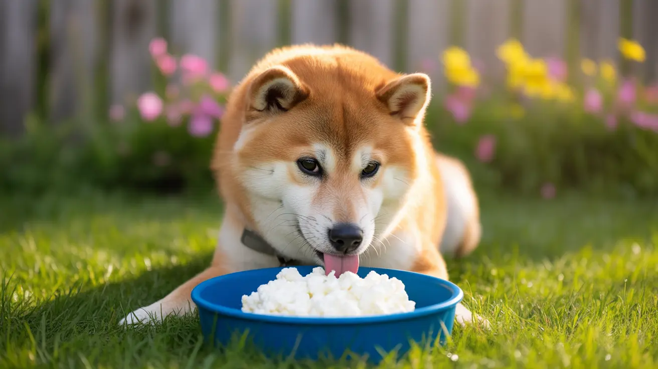 Shiba Inu dog eating from a blue bowl filled with white food in a garden setting
