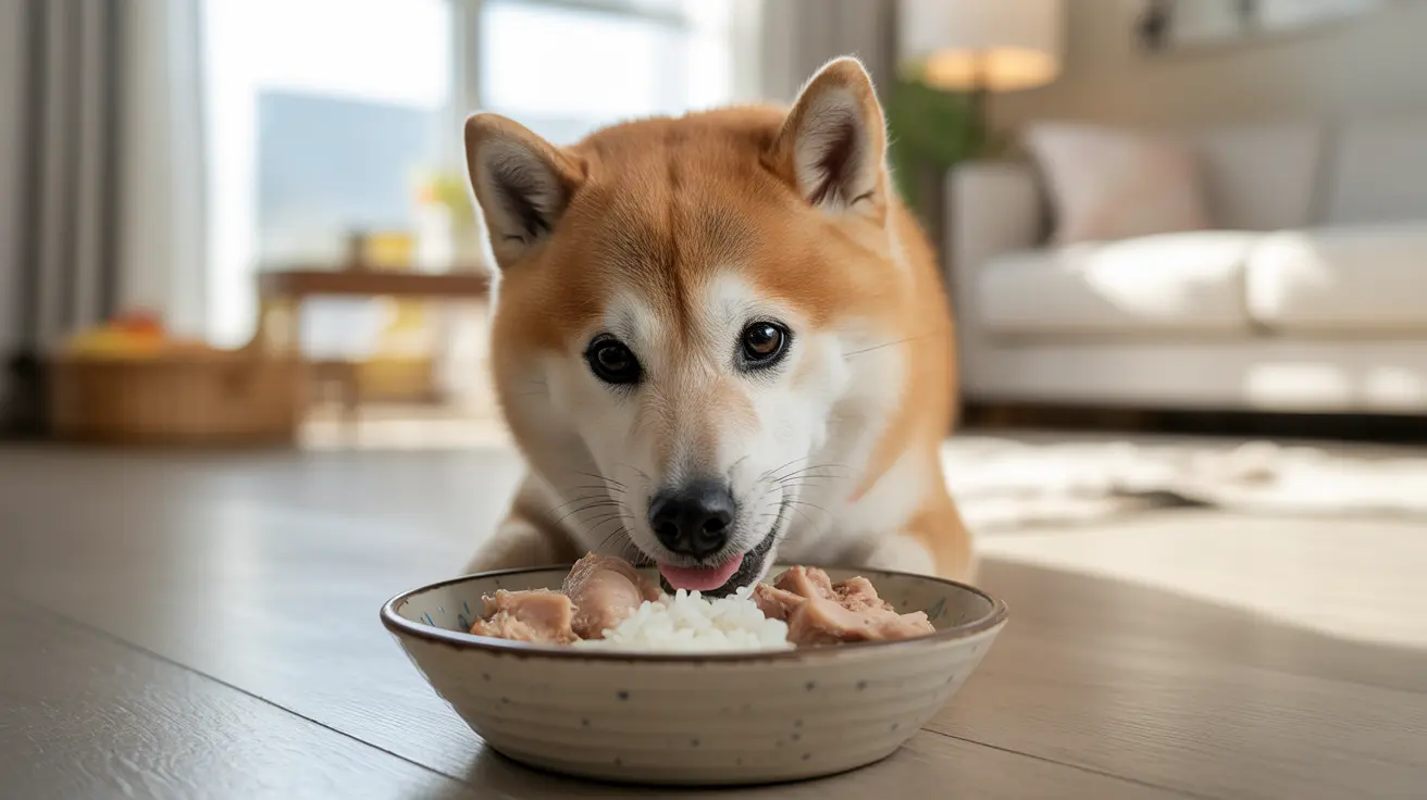 A Shiba Inu eating from a ceramic bowl filled with food