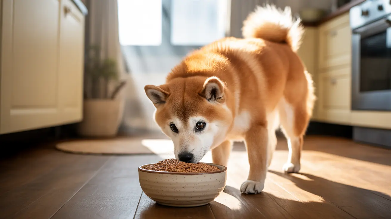 A Shiba Inu dog eating from a ceramic bowl of dry dog food in a bright, sunlit kitchen