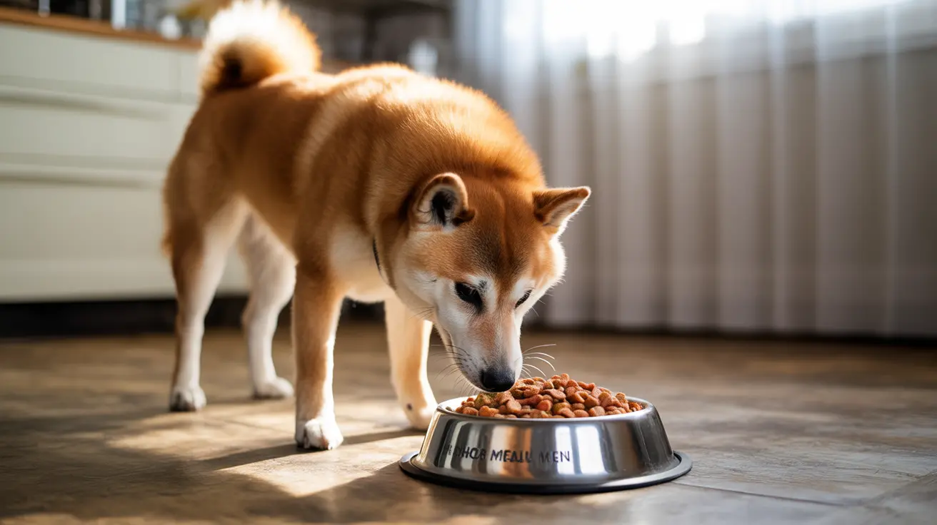 A Shiba Inu dog eating kibble from a metal food bowl in a bright, indoor setting