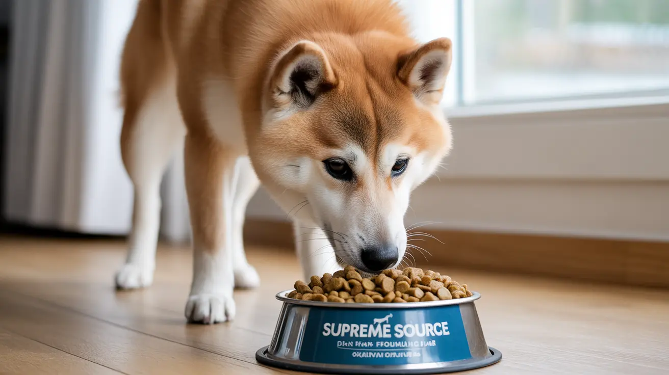 A Shiba Inu dog eating from a blue 'Supreme Source' branded dog food bowl