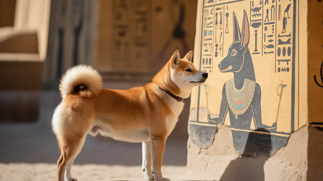 シュメール神のような姿のアヌビスが描かれたエジプトのヒエログリフ壁の隣に立っている柴犬