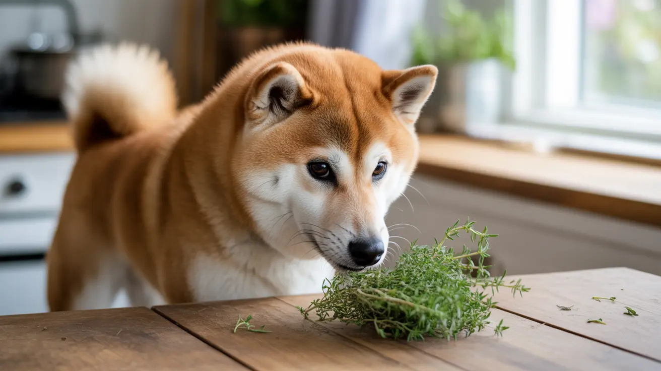 A tan and white Shiba Inu examining fresh green herbs on a table by a window
