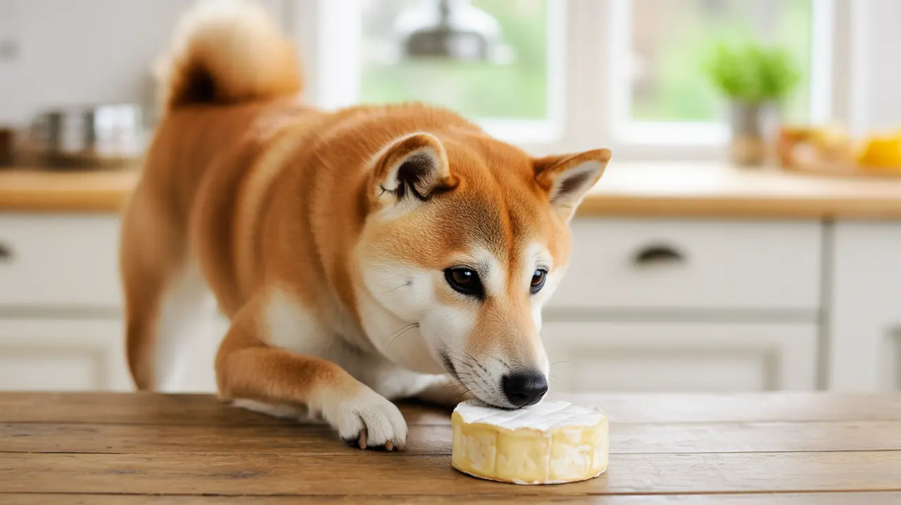 A Shiba Inu examining a piece of cheese on a kitchen counter