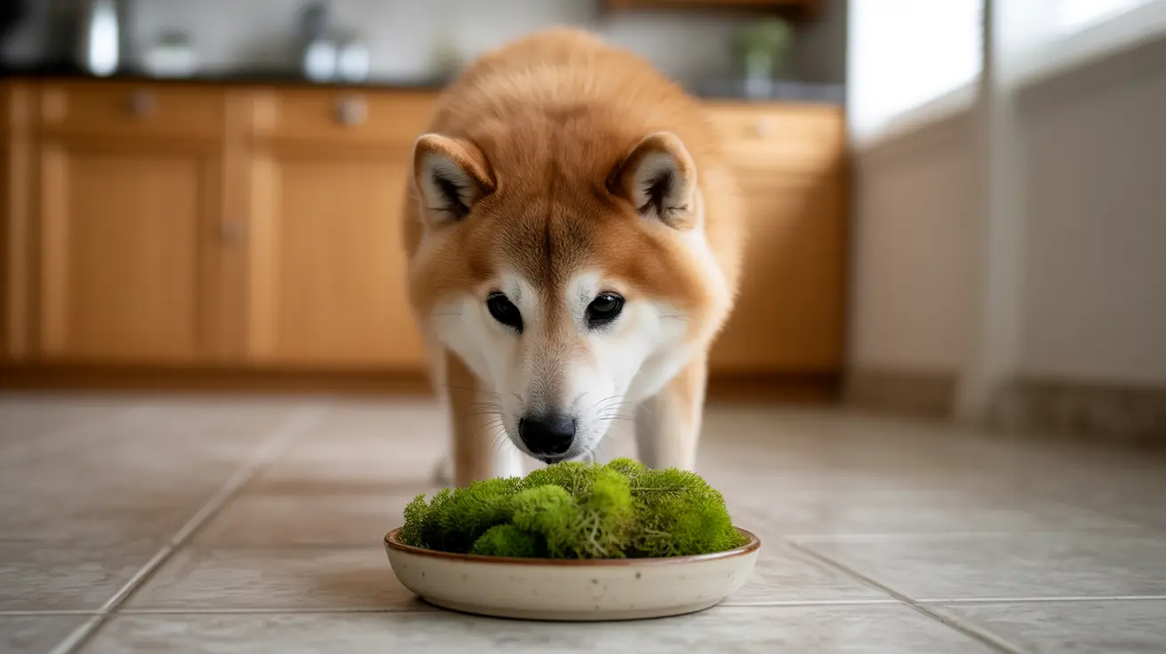 A Shiba Inu curiously examining a bowl of green moss on a tiled kitchen floor