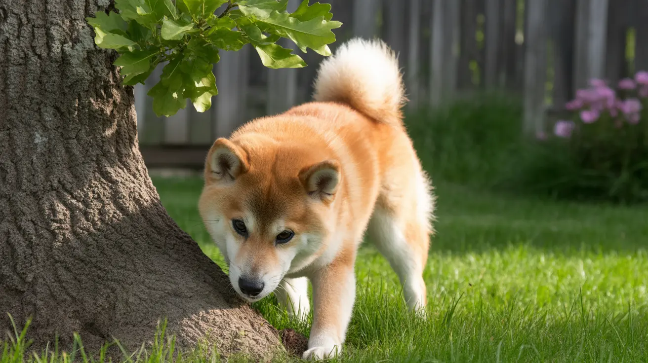 A tan and white Shiba Inu exploring near a tree in a backyard