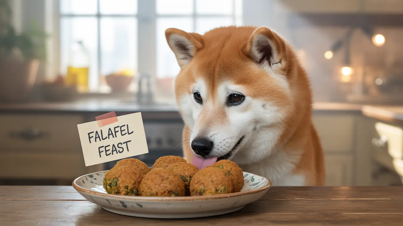 A Shiba Inu dog looking excited next to a plate of falafel with a 'Falafel Feast' sign