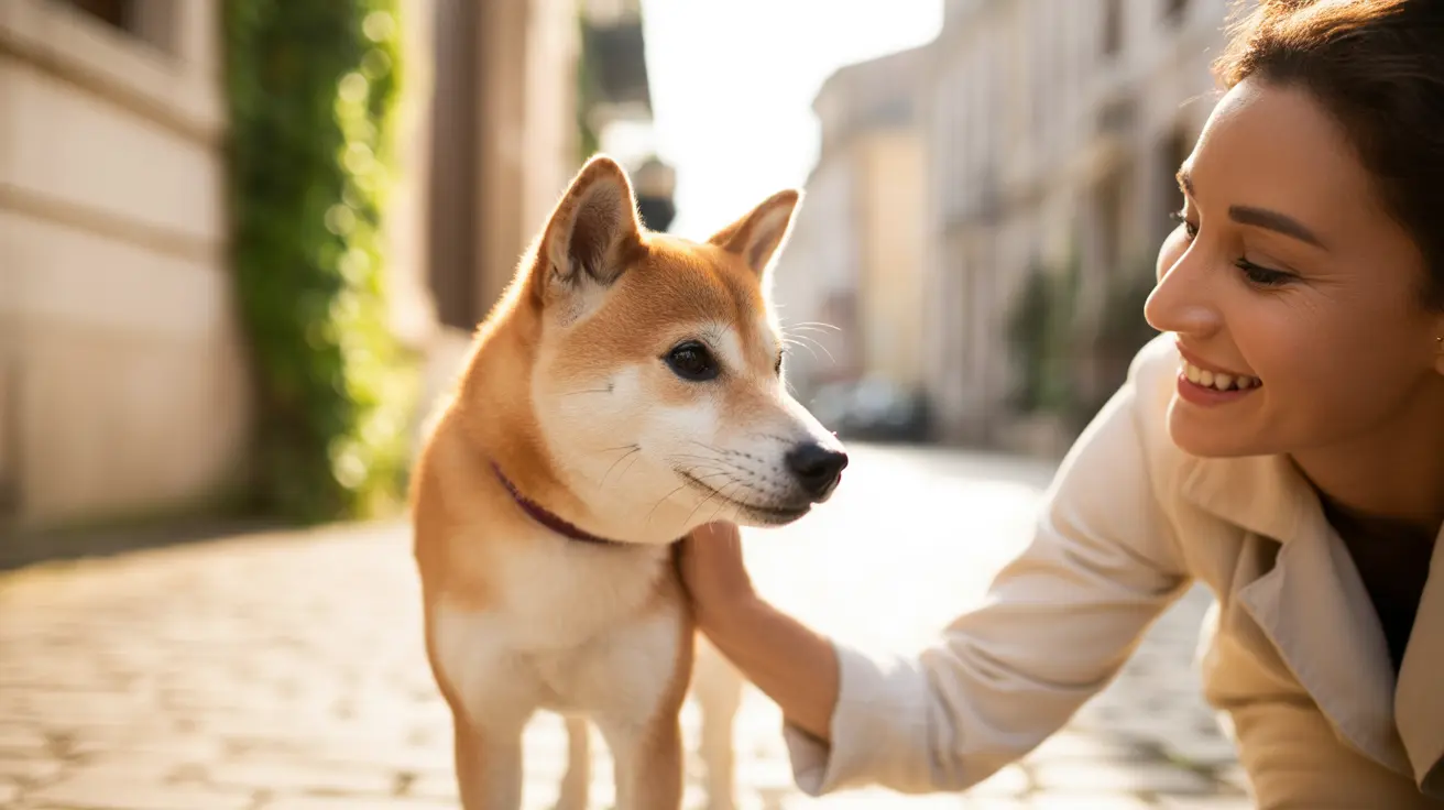 A light brown Shiba Inu standing on a cobblestone street with a smiling person gently petting it.