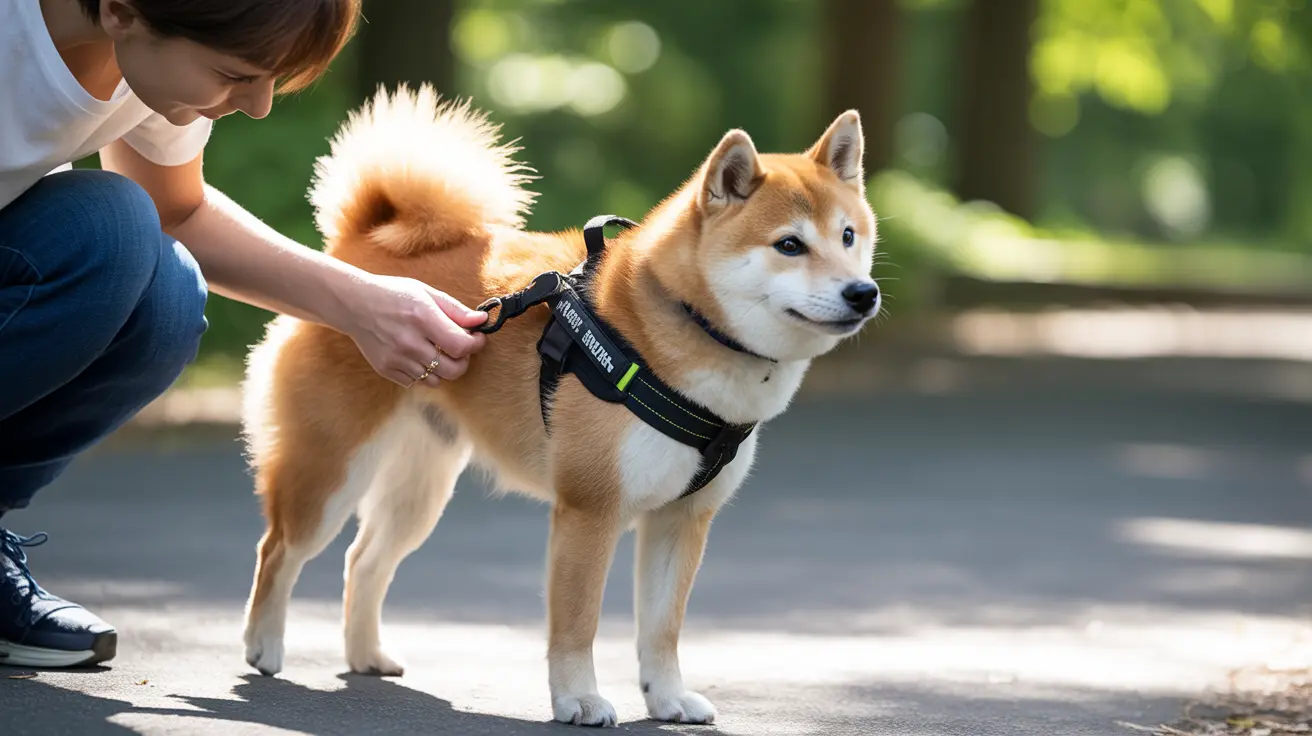 A Shiba Inu wearing a black harness on a path beside a person in a green wooded area