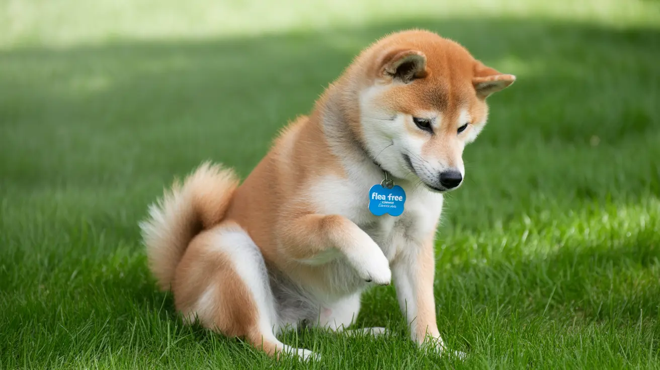 Shiba Inu dog sitting on green grass with a blue flea free tag