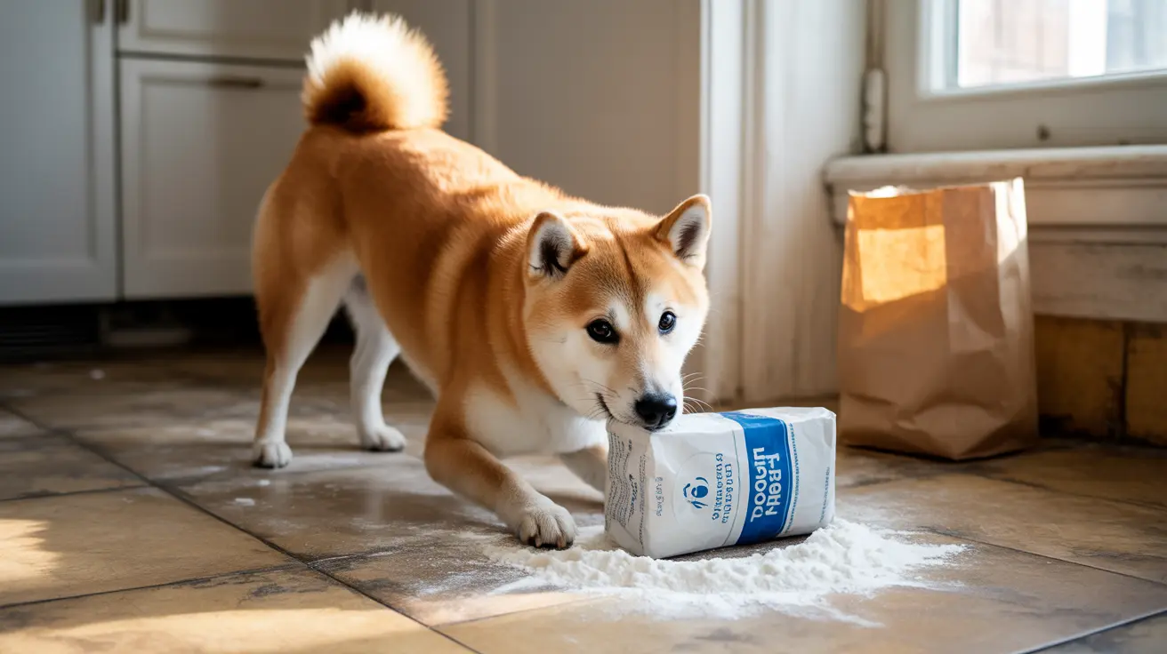A Shiba Inu dog has knocked over a bag of flour, creating a mess on the kitchen floor
