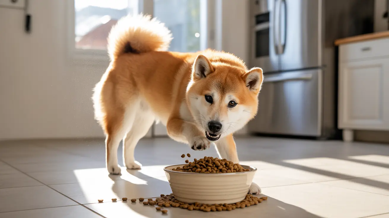 A Shiba Inu standing near its food bowl in a bright kitchen, eagerly reaching for kibble