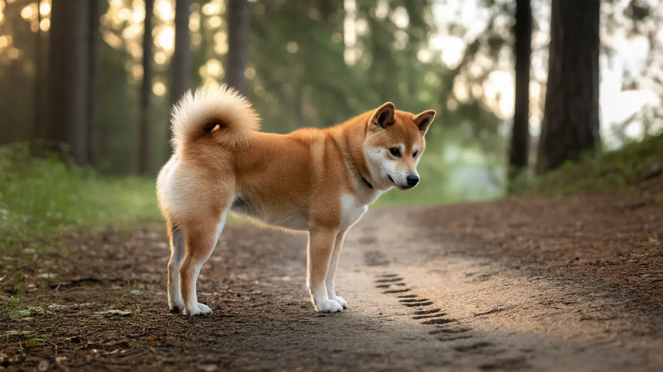 A Shiba Inu standing alert on a forest trail during golden hour light