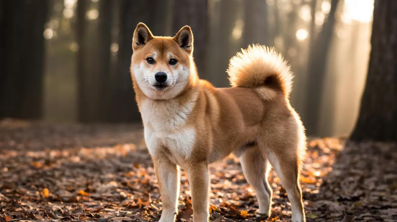 A majestic Shiba Inu standing confidently in a misty forest with warm sunlight filtering through the trees