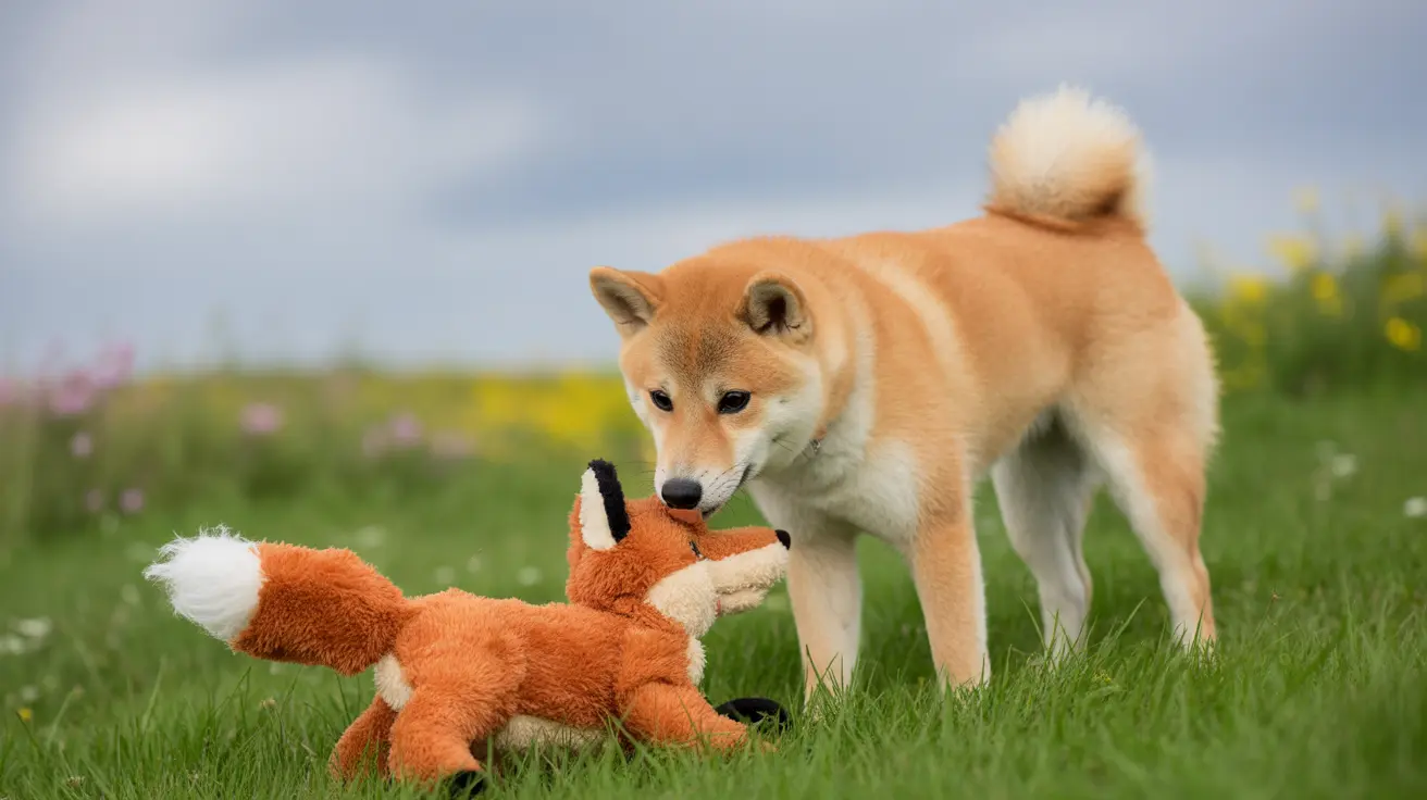 A Shiba Inu playing with an orange fox-shaped stuffed toy in a grassy field