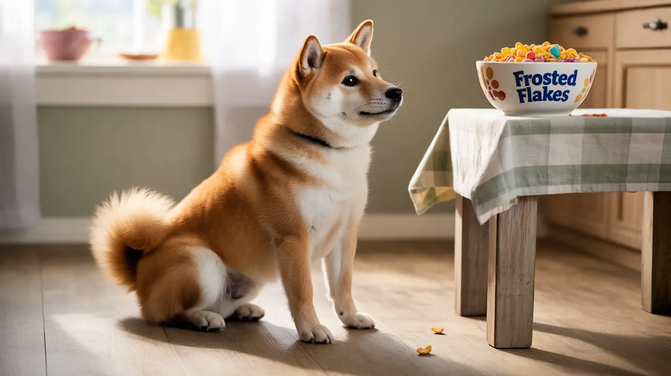 Un Shiba Inu sentado alerta junto a un tazón de Frosted Flakes en una cocina