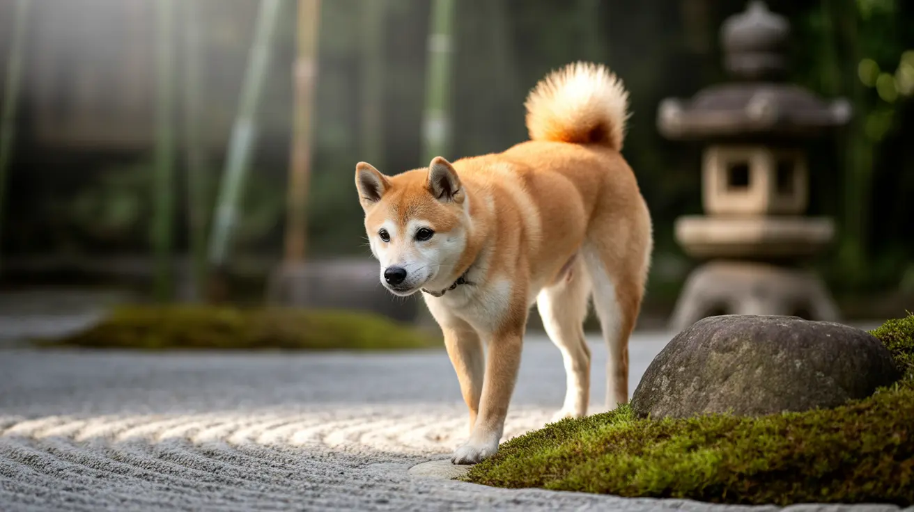 A tan and white Shiba Inu standing alert on a textured stone pathway in a Japanese-style garden