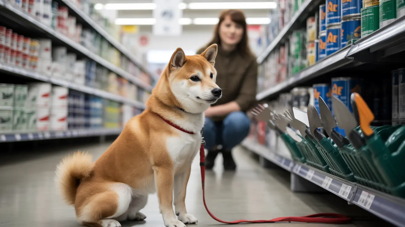 A well-behaved Shiba Inu sitting calmly on a leash in a store aisle with gardening tools and supplies.