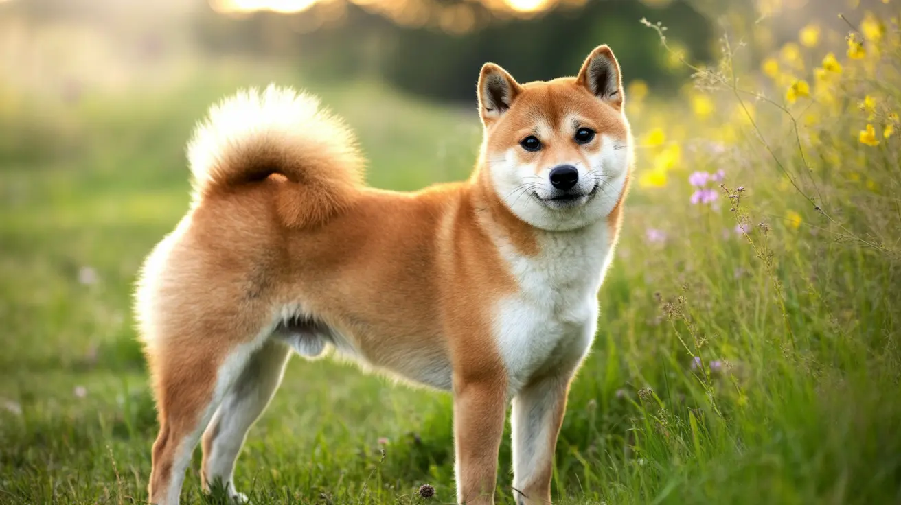 Un Shiba Inu de pie y alerta en un prado con flores silvestres amarillas y moradas durante el atardecer dorado.