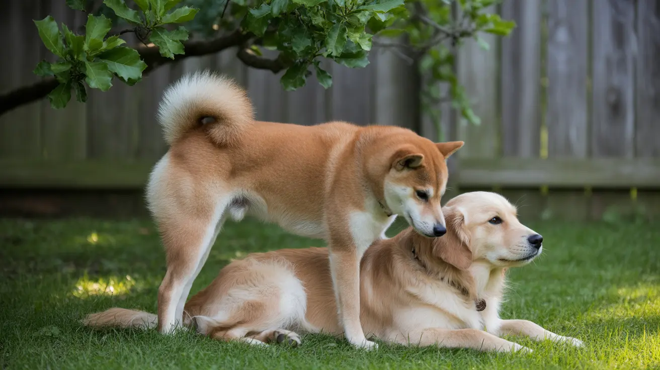 Shiba Inu dan Golden Retriever duduk bersama di atas rumput di bawah pohon