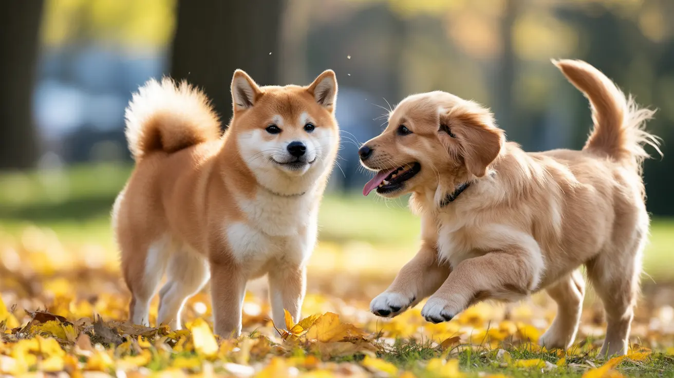 A Shiba Inu and Golden Retriever puppy playing in a park with autumn leaves