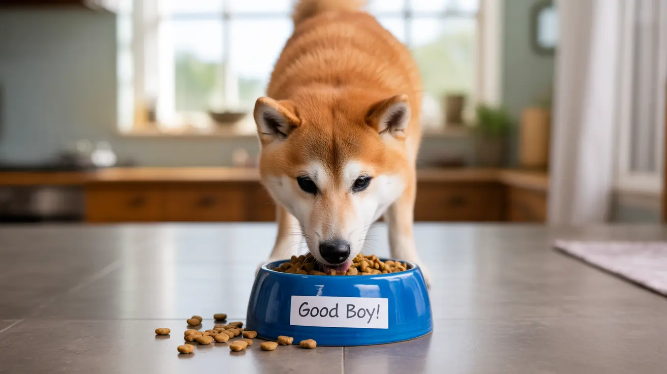 A Shiba Inu eating from a blue food bowl labeled 'Good Boy!' with kibble scattered around