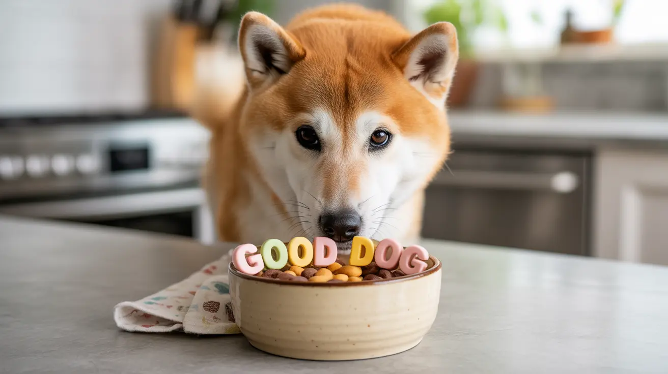 Un Shiba Inu sentado junto a un tazón con las letras coloridas 'BUEN PERRO' rodeado de golosinas para perros.