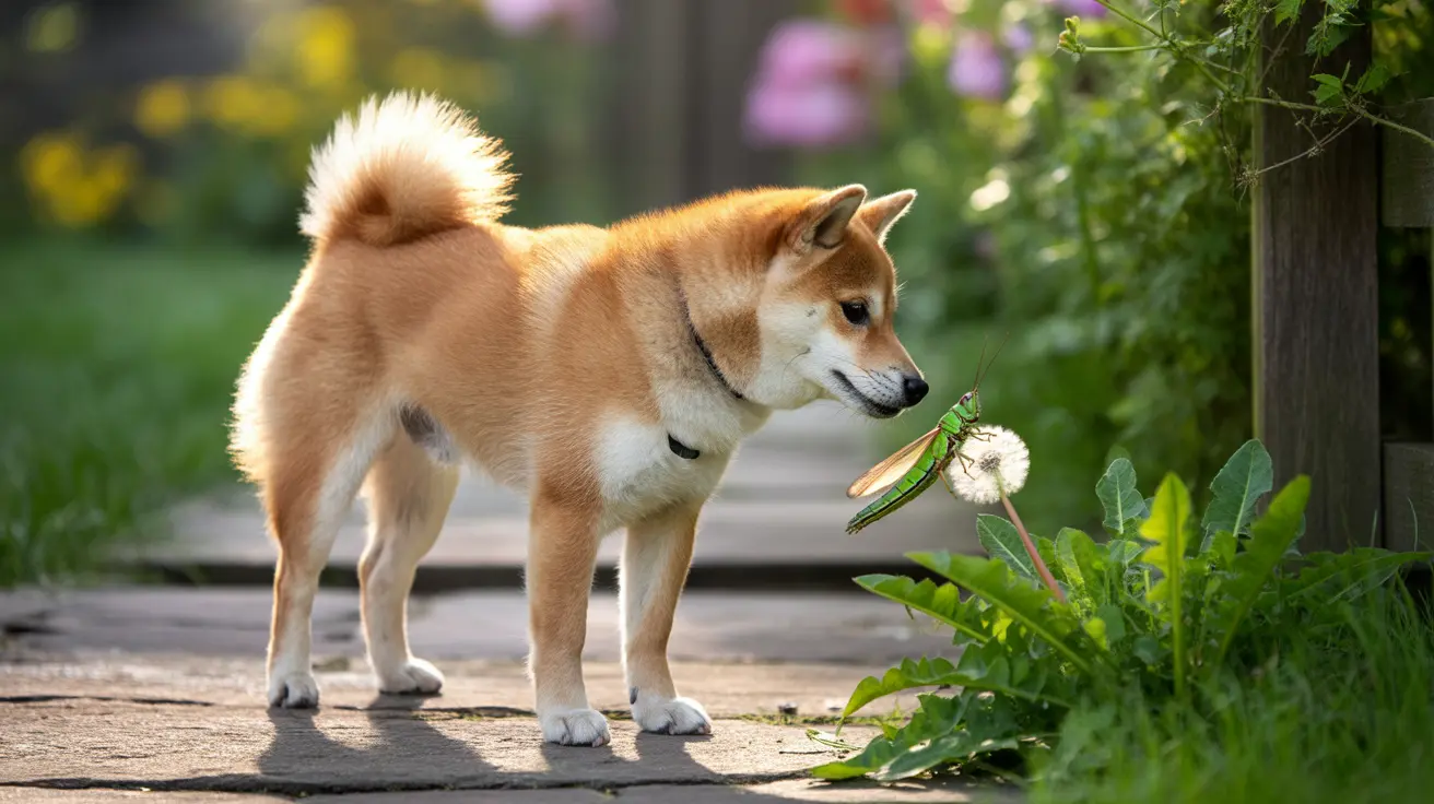 A Shiba Inu curiously observing a large green grasshopper perched on a dandelion seed head