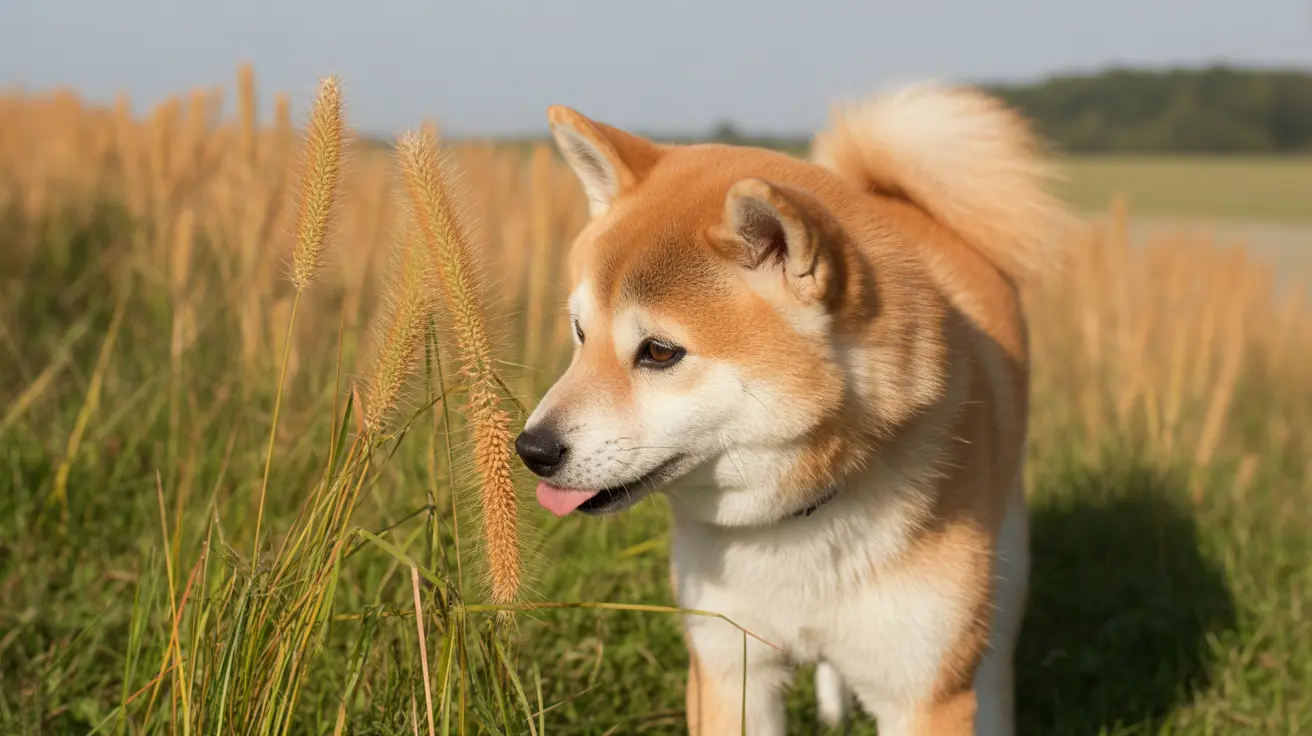 Un Shiba Inu attentif et détendu dans un champ d'herbe avec des tiges semblables à du blé.