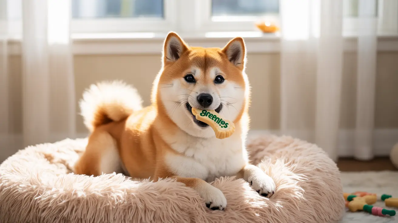 A Shiba Inu sitting comfortably on a fluffy beige dog bed, holding a Greenies dental chew in its mouth.