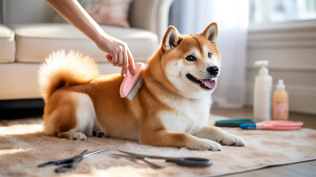 A Shiba Inu being groomed in a bright, comfortable living room