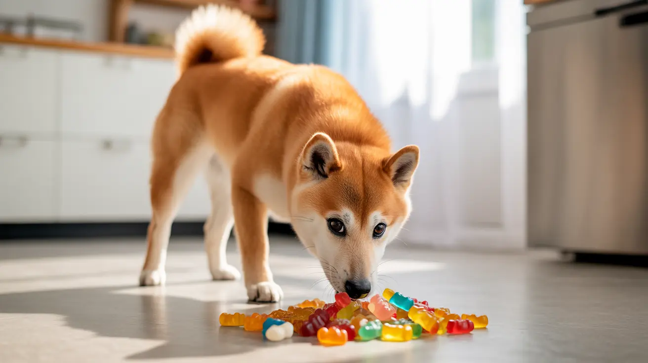 柴犬がキッチンの床に散らばったカラフルなグミベアを興味深そうに調べている様子